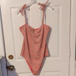 Aerie XL Cheeky One Piece Bathing Suit Hot Pink Textured Tie Straps Clean